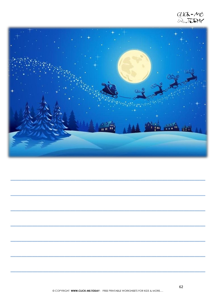 Printable Santa sleigh writing paper night moon with lines 62